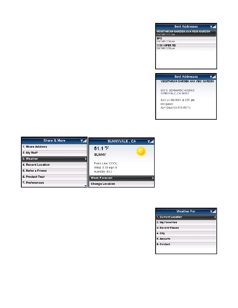 Sent addresses, Weather | Telenav for Sprint Supported Devices: v5.5 for BlackBerry 8830, 8330, 8130 User Manual | Page 54 / 68