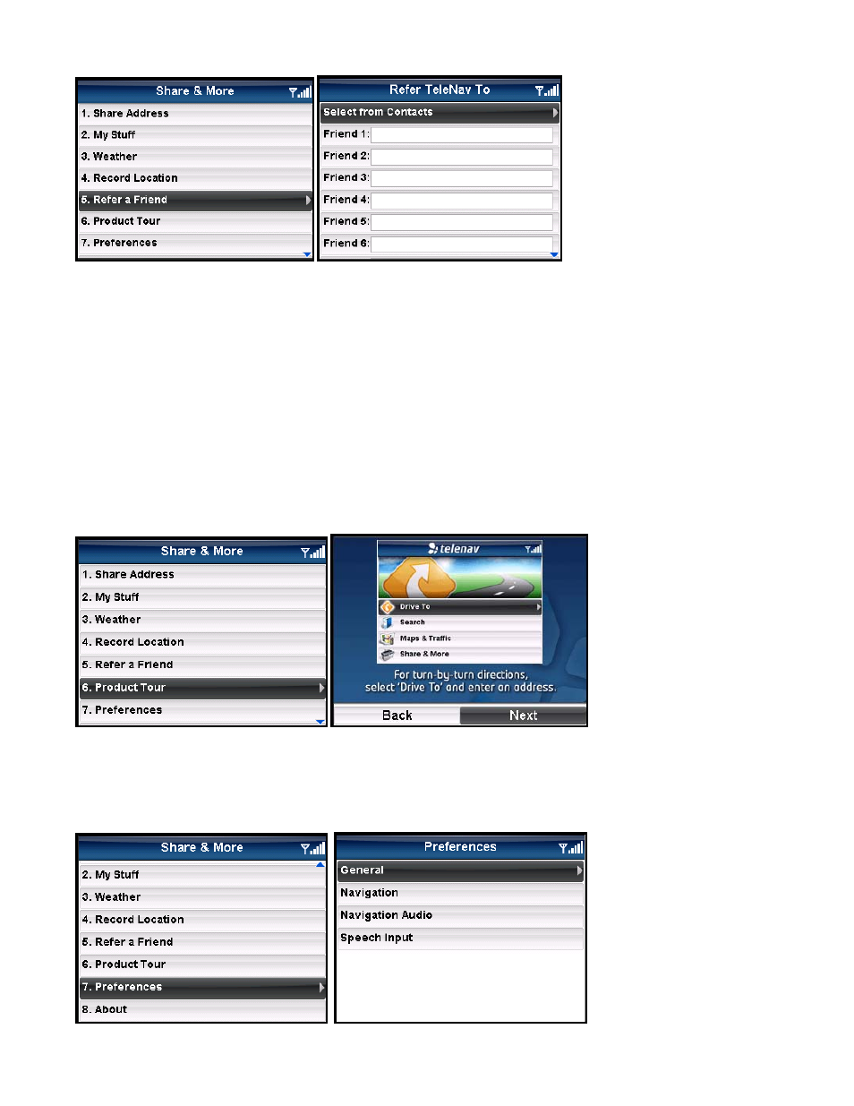 Product tour, Preferences | Telenav for Sprint Supported Devices: v5.5 for BlackBerry 8830, 8330, 8130 User Manual | Page 56 / 68