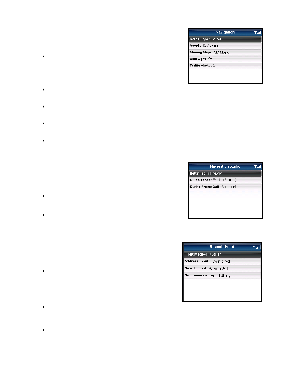 Navigation, Navigation audio, Speech input | About | Telenav for Sprint Supported Devices: v5.5 for BlackBerry 8830, 8330, 8130 User Manual | Page 58 / 68
