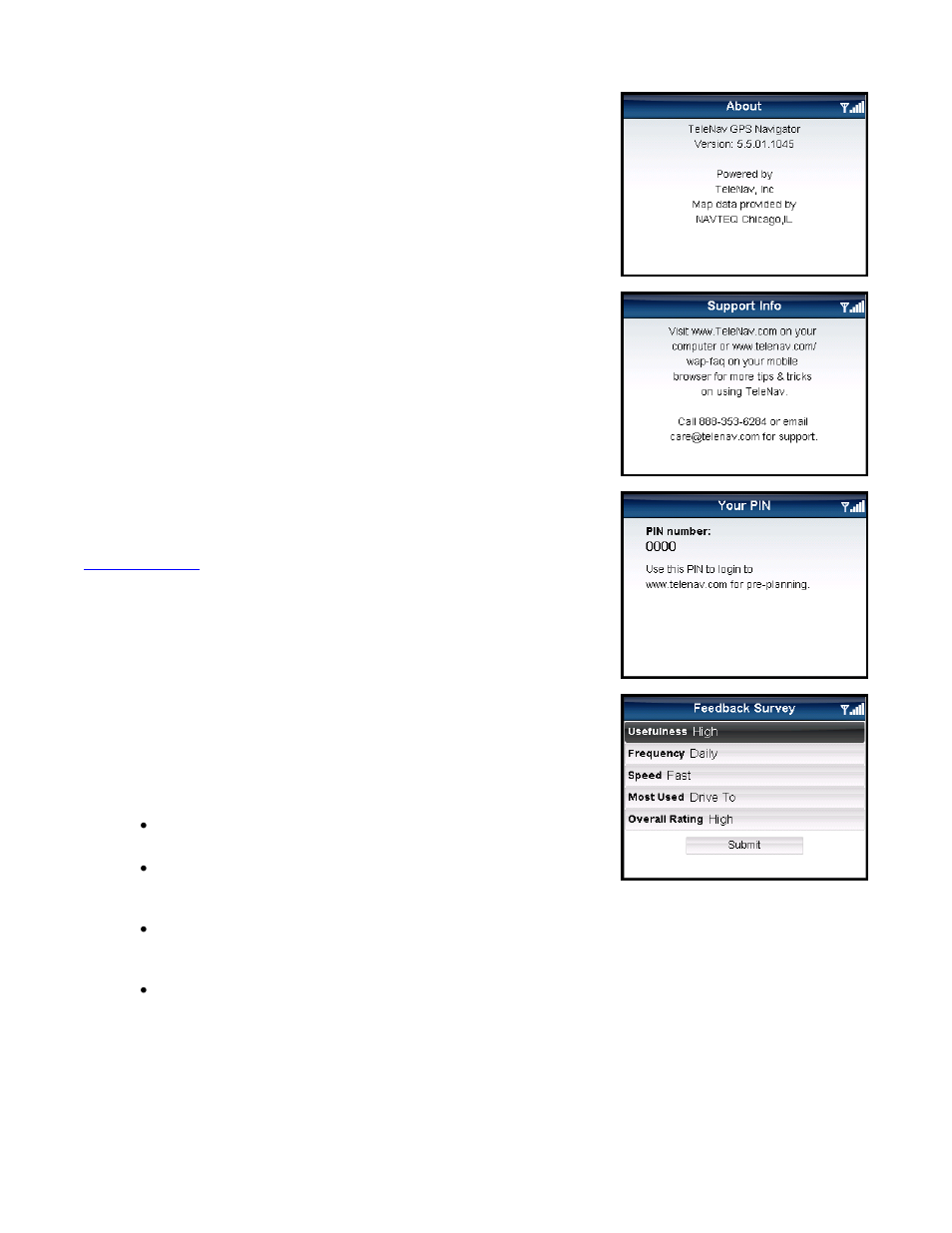 About, Support info, Feedback survey | Telenav for Sprint Supported Devices: v5.5 for BlackBerry 8830, 8330, 8130 User Manual | Page 60 / 68