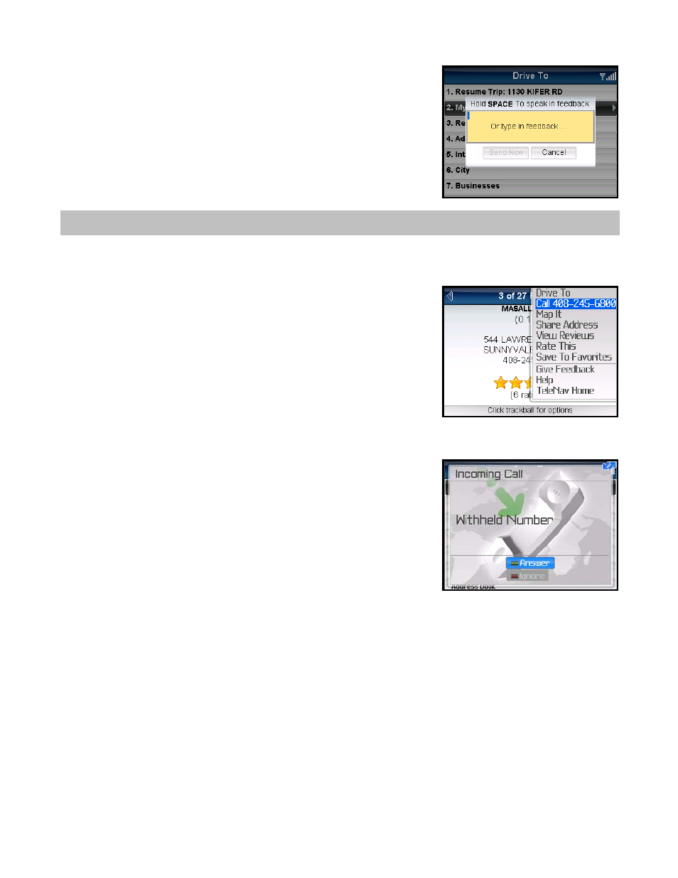 Suspending telenav gps navigator, Making a phone call from telenav gps navigator, Taking an incoming call | Telenav for Sprint Supported Devices: v5.5 for BlackBerry 8830, 8330, 8130 User Manual | Page 61 / 68