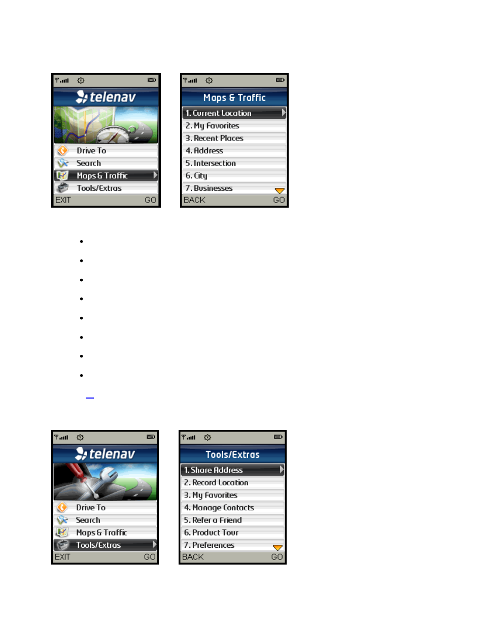 Maps & traffic menu, Tools/extras menu | Telenav for Sprint Supported Devices: v5.2 for Samsung M500, M610; Sanyo M1, SCP-8400, Katana 6600 User Manual | Page 15 / 73