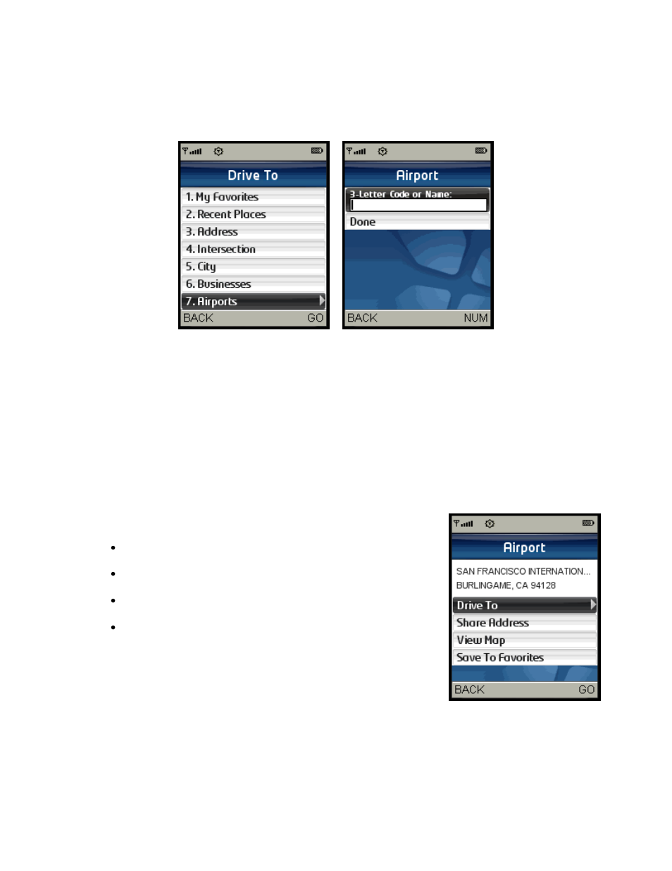 Airports | Telenav for Sprint Supported Devices: v5.2 for Samsung M500, M610; Sanyo M1, SCP-8400, Katana 6600 User Manual | Page 28 / 73