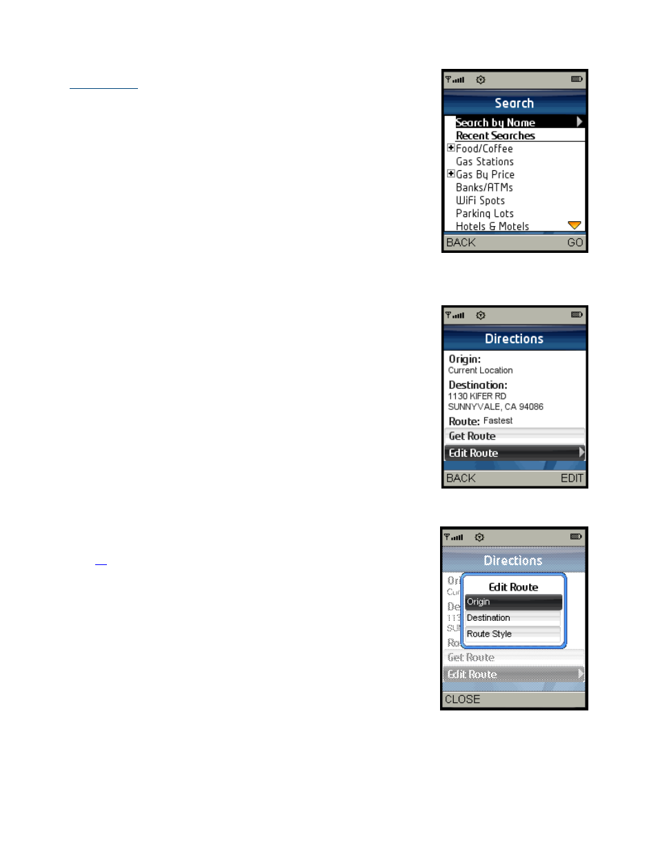 Search along, Navigation options | Telenav for Sprint Supported Devices: v5.2 for Samsung M500, M610; Sanyo M1, SCP-8400, Katana 6600 User Manual | Page 35 / 73
