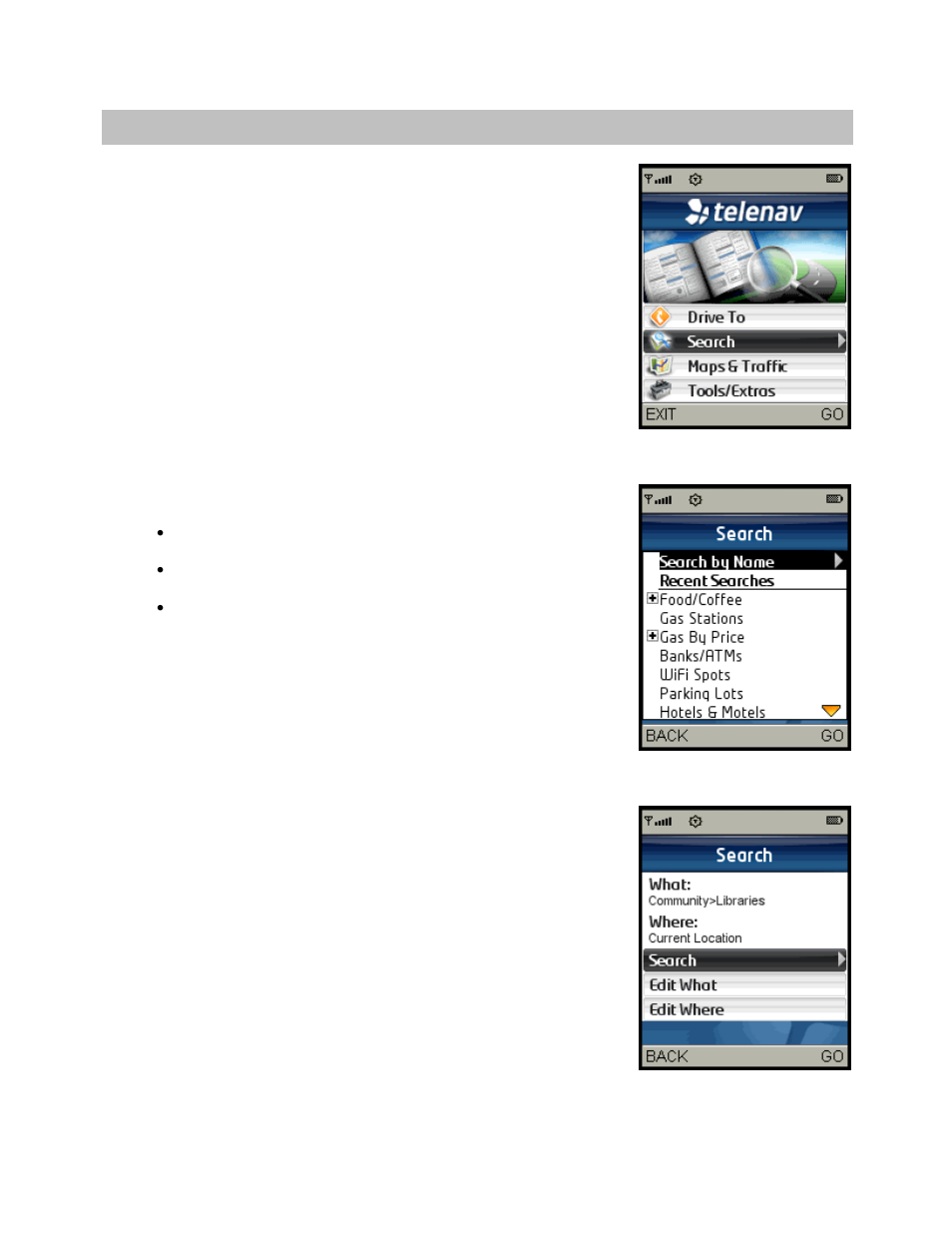 Search menu | Telenav for Sprint Supported Devices: v5.2 for Samsung M500, M610; Sanyo M1, SCP-8400, Katana 6600 User Manual | Page 39 / 73