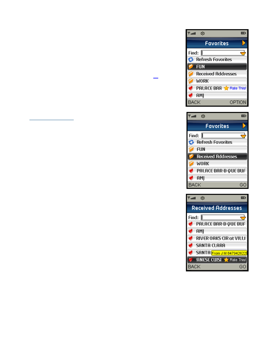 Received addresses, Delete a category | Telenav for Sprint Supported Devices: v5.2 for Samsung M500, M610; Sanyo M1, SCP-8400, Katana 6600 User Manual | Page 53 / 73