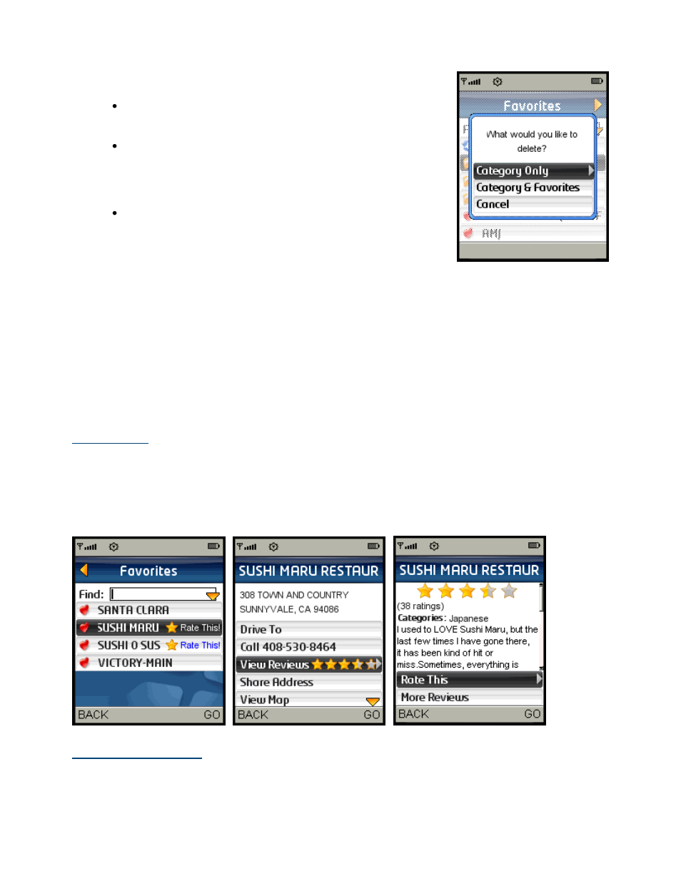 Rate a location, Read reviews, Submit your own rating | Telenav for Sprint Supported Devices: v5.2 for Samsung M500, M610; Sanyo M1, SCP-8400, Katana 6600 User Manual | Page 55 / 73