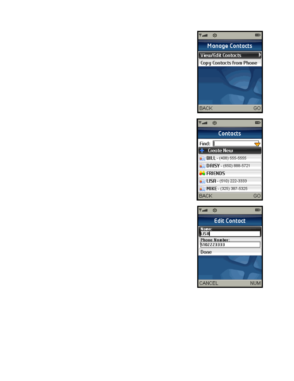 View/edit contacts | Telenav for Sprint Supported Devices: v5.2 for Samsung M500, M610; Sanyo M1, SCP-8400, Katana 6600 User Manual | Page 57 / 73