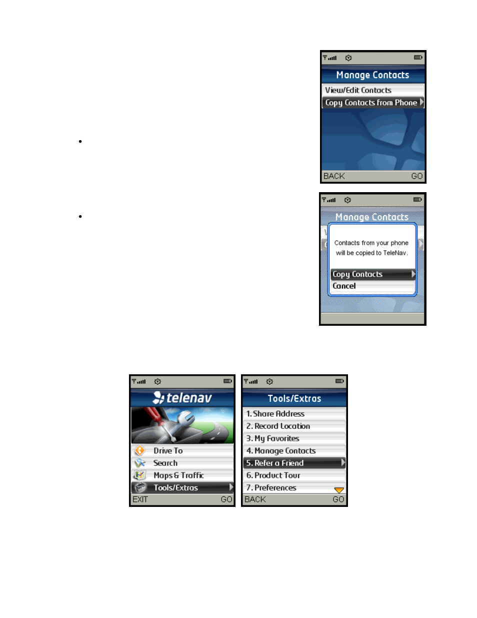 Copy contacts from phone, Refer a friend | Telenav for Sprint Supported Devices: v5.2 for Samsung M500, M610; Sanyo M1, SCP-8400, Katana 6600 User Manual | Page 60 / 73