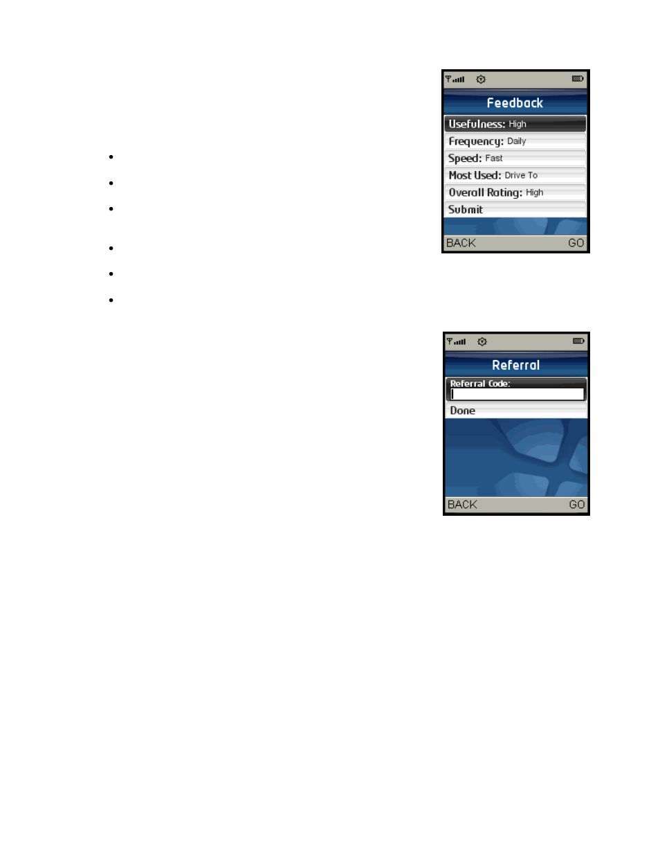 Give feedback, Referral code | Telenav for Sprint Supported Devices: v5.2 for Samsung M500, M610; Sanyo M1, SCP-8400, Katana 6600 User Manual | Page 66 / 73