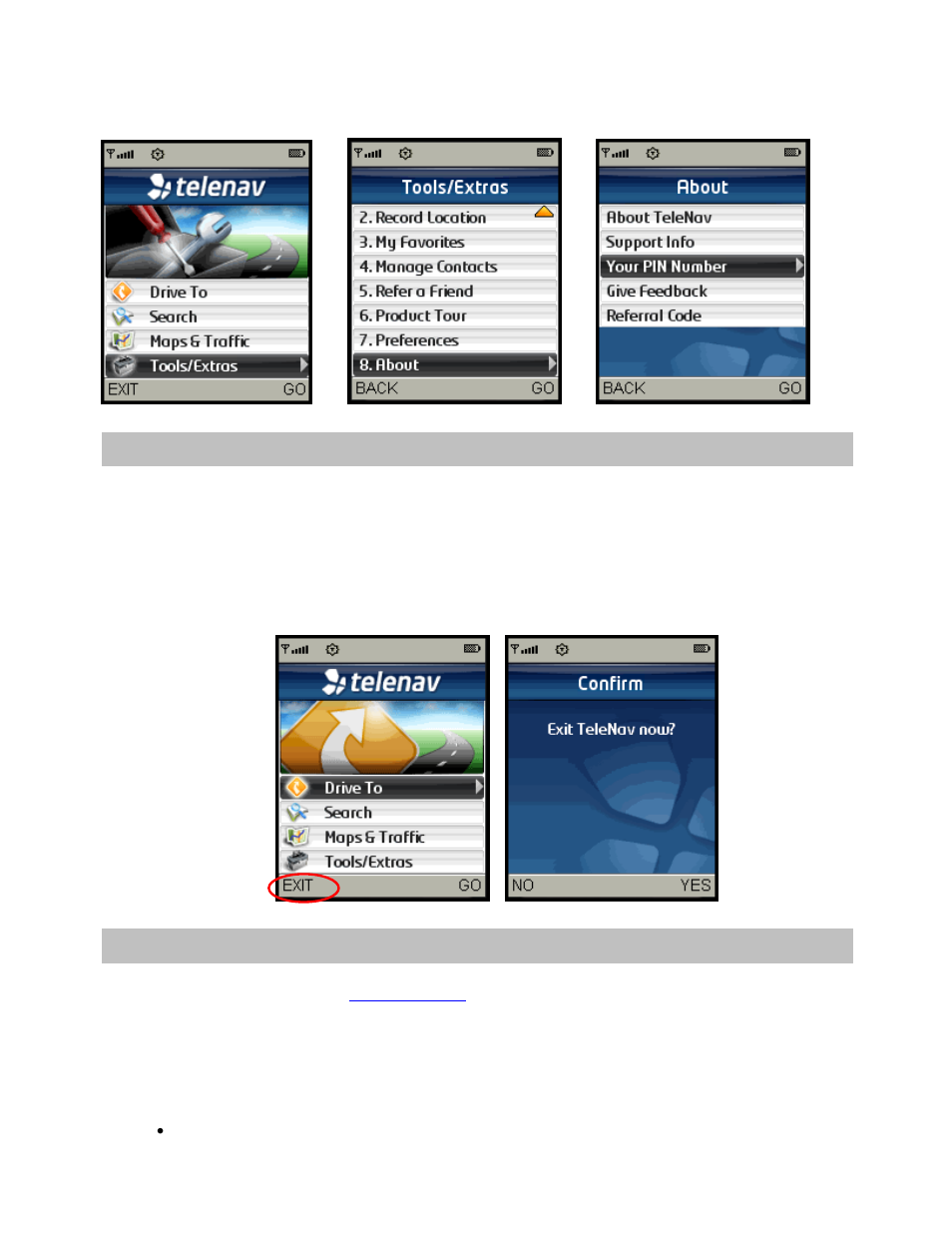 Exit telenav gps navigator, The telenav website, Available without logging in | Telenav for Sprint Supported Devices: v5.2 for Samsung M500, M610; Sanyo M1, SCP-8400, Katana 6600 User Manual | Page 68 / 73