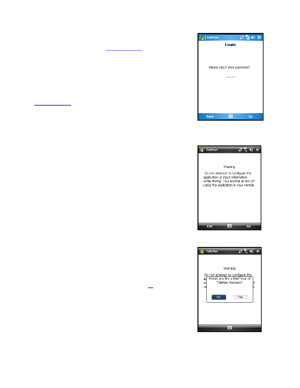 Warning screen, Product tour | Telenav for Sprint Supported Devices: v5.2 for HTC Touch User Manual | Page 10 / 72