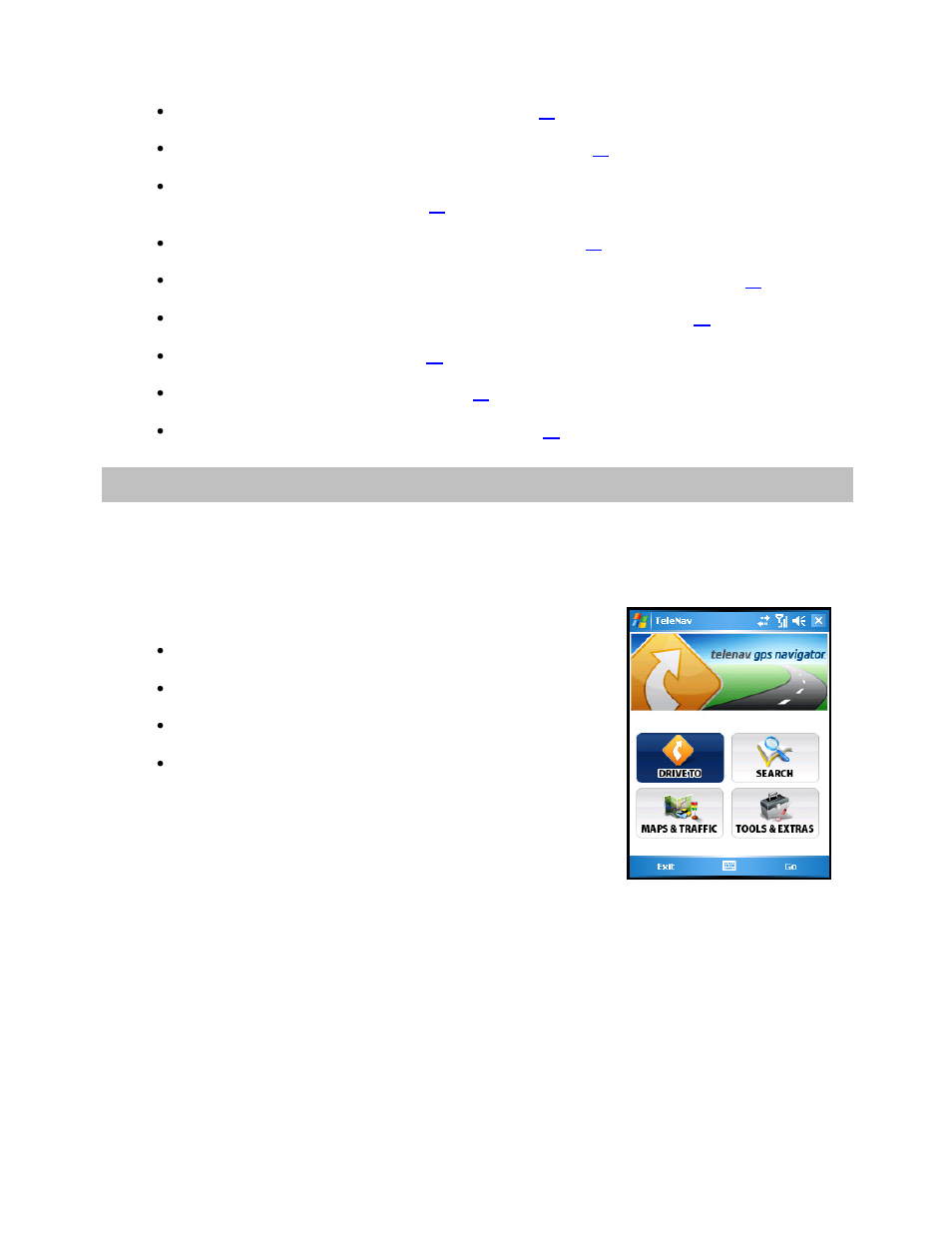 Telenav gps navigator menu overview, Main menu | Telenav for Sprint Supported Devices: v5.2 for HTC Touch User Manual | Page 13 / 72