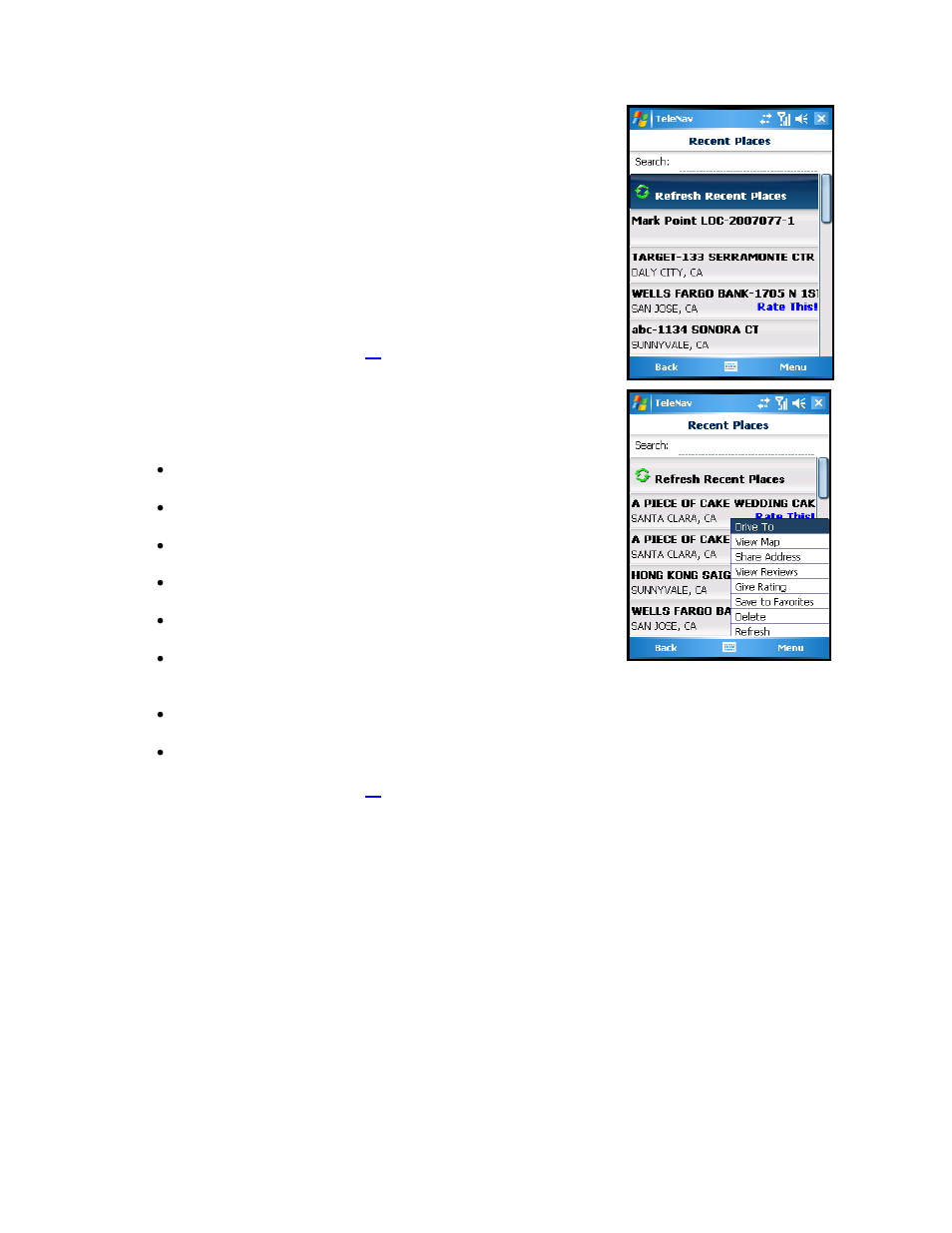 Recent places, Businesses | Telenav for Sprint Supported Devices: v5.2 for HTC Touch User Manual | Page 22 / 72