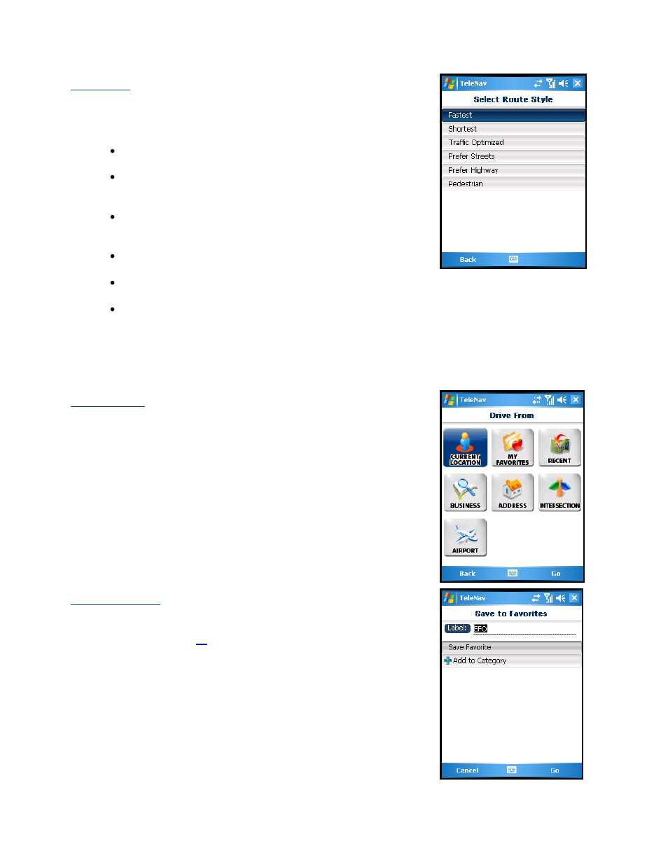 Route style, Change origin, Save to favorites | Telenav for Sprint Supported Devices: v5.2 for HTC Touch User Manual | Page 28 / 72