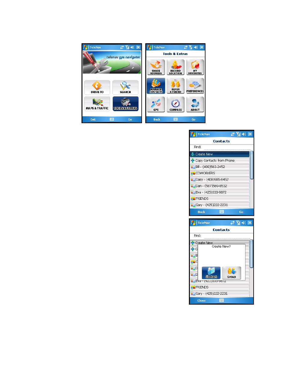 Manage contacts, Create new | Telenav for Sprint Supported Devices: v5.2 for HTC Touch User Manual | Page 56 / 72