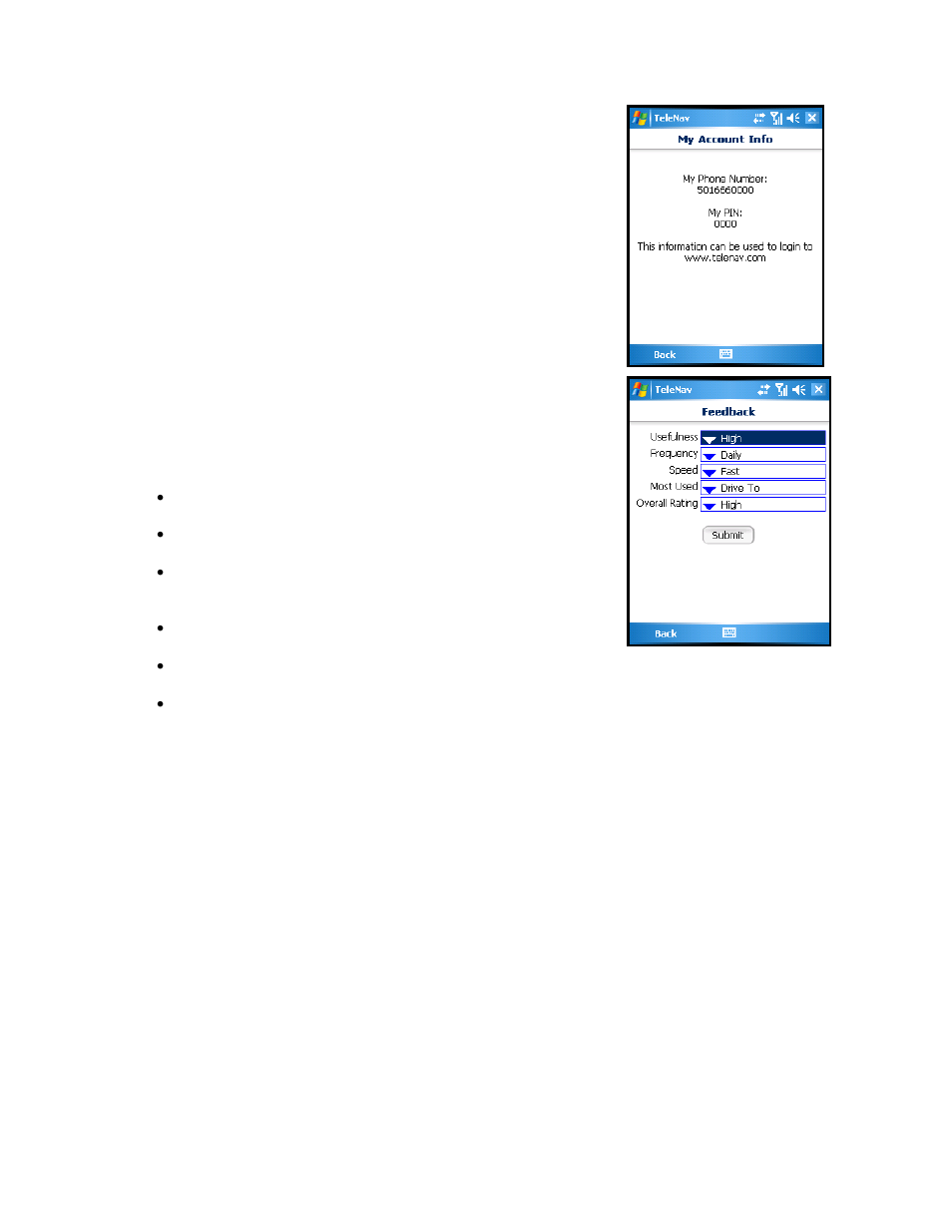 My account info, Give feedback | Telenav for Sprint Supported Devices: v5.2 for HTC Touch User Manual | Page 65 / 72