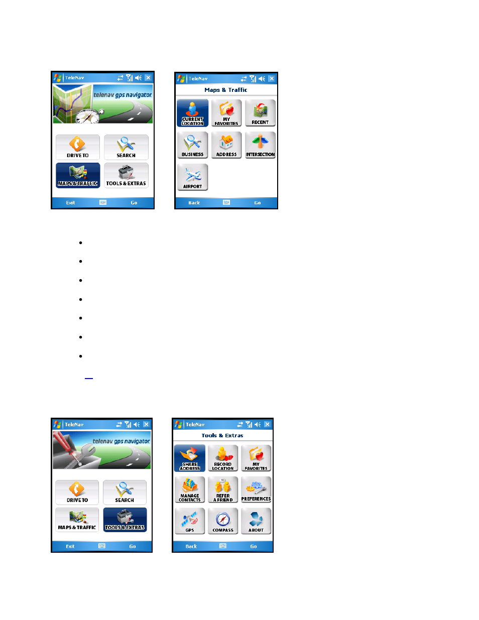 Maps & traffic menu, Tools/extras menu | Telenav for Sprint Supported Devices: v5.2 for HTC Mogul User Manual | Page 15 / 71