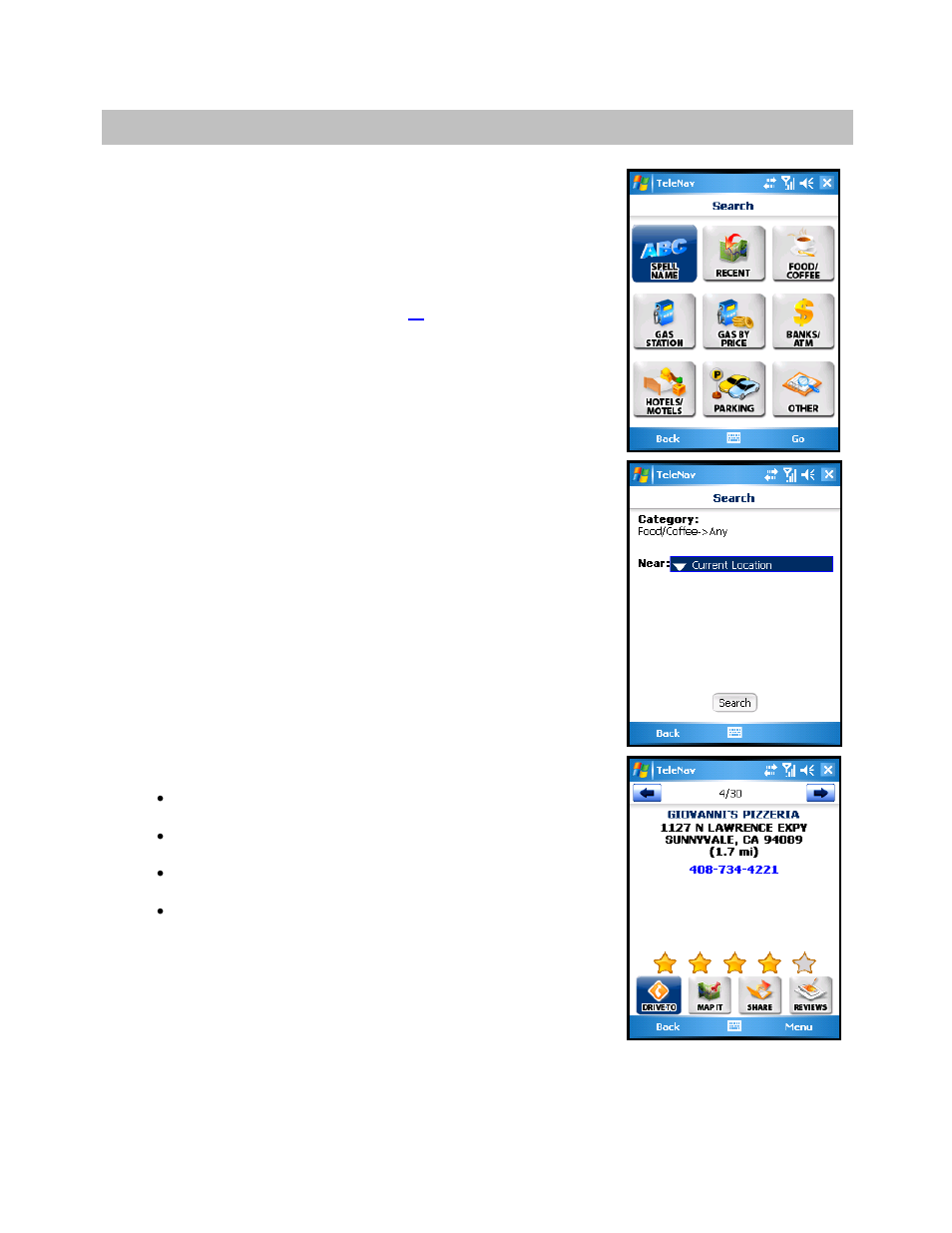 Search menu | Telenav for Sprint Supported Devices: v5.2 for HTC Mogul User Manual | Page 37 / 71
