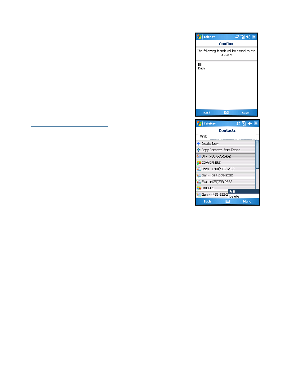 Add or delete groups or contacts | Telenav for Sprint Supported Devices: v5.2 for HTC Mogul User Manual | Page 57 / 71