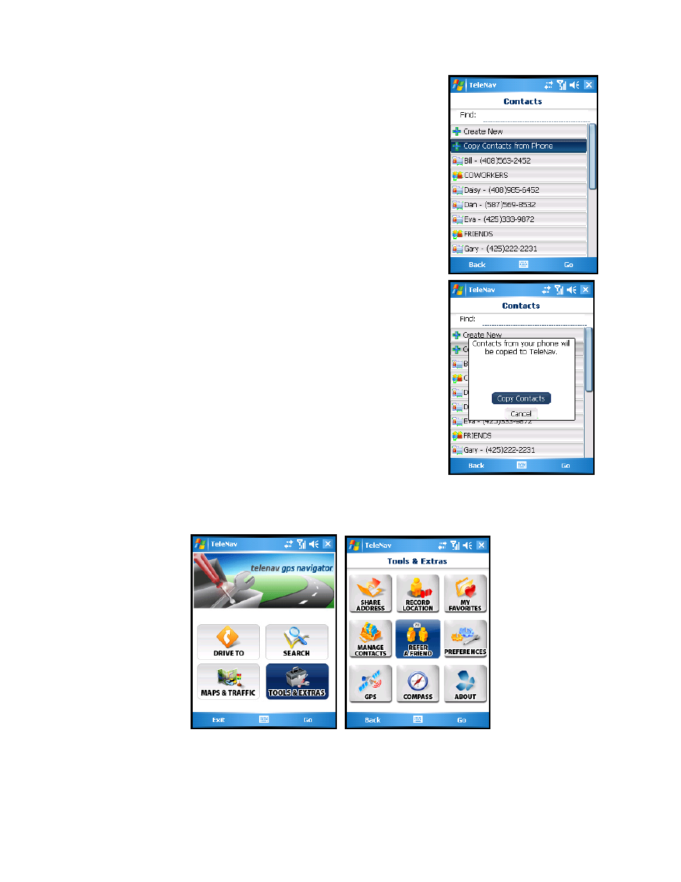Copy contacts from phone, Refer a friend | Telenav for Sprint Supported Devices: v5.2 for HTC Mogul User Manual | Page 58 / 71