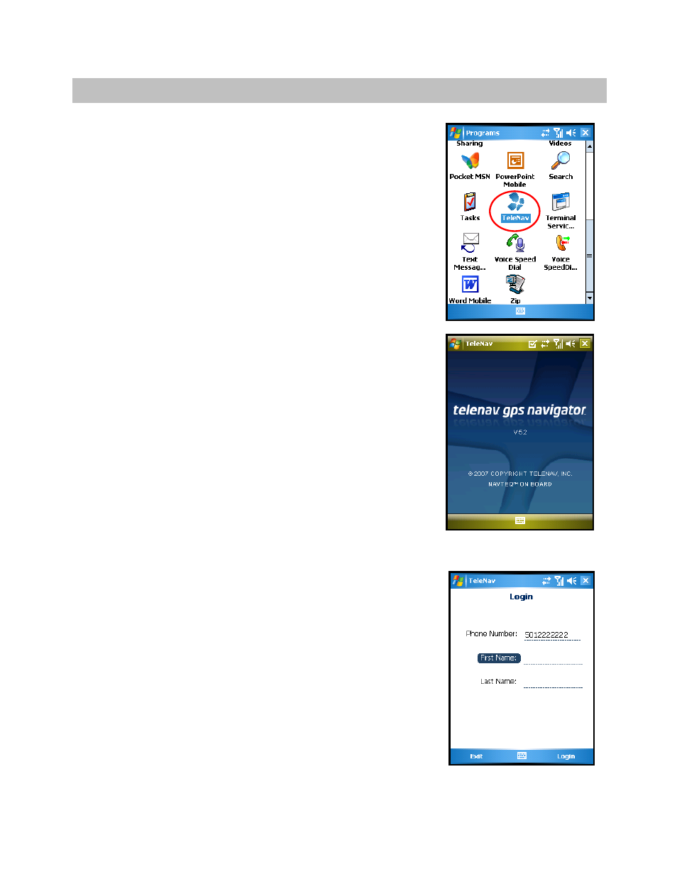 Launching telenav gps navigator, Login | Telenav for Sprint Supported Devices: v5.2 for HTC Mogul User Manual | Page 8 / 71