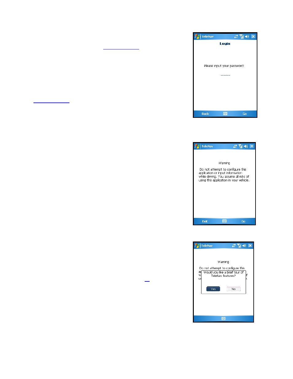 Warning screen, Product tour | Telenav for Sprint Supported Devices: v5.2 for HTC Mogul User Manual | Page 9 / 71