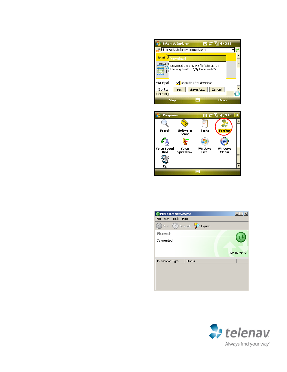 Using the cd and microsoft activesync, Quick-start guide for sprint windows mobile | Telenav for Sprint Supported Devices: v5.2 for Windows Mobile User Manual | Page 2 / 4