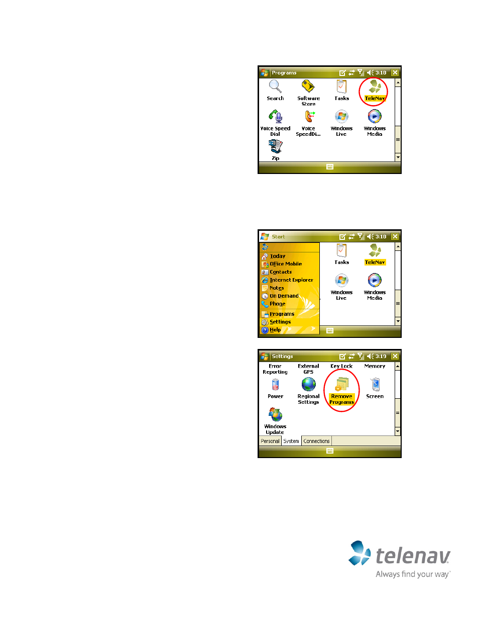 Removing telenav gps navigator and telenav maps, Quick-start guide for sprint windows mobile | Telenav for Sprint Supported Devices: v5.2 for Windows Mobile User Manual | Page 3 / 4