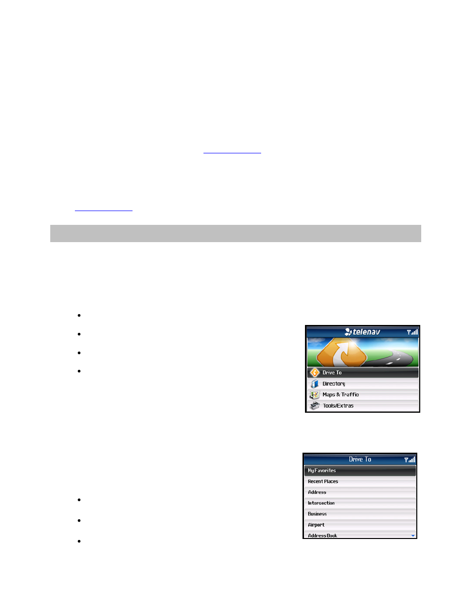 Telenav gps navigator menu overview, Main menu, Drive to menu | Telenav for Sprint Supported Devices: v5.1 for BlackBerry 7130, 8130, 8350i, 8703, 8830 Users Guide User Manual | Page 13 / 55