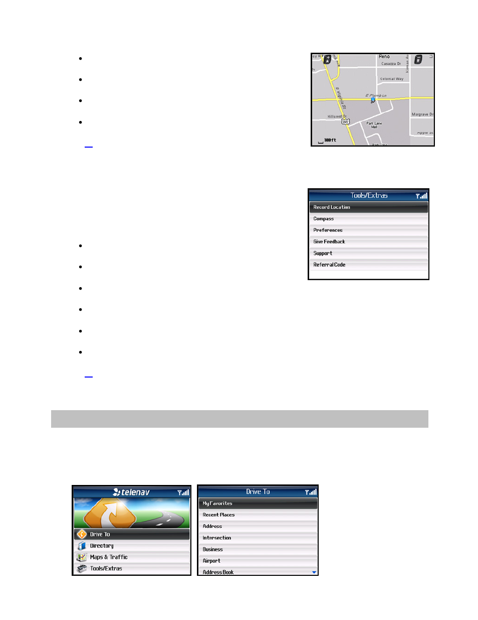 Tools/extras menu, Drive to menu | Telenav for Sprint Supported Devices: v5.1 for BlackBerry 7130, 8130, 8350i, 8703, 8830 Users Guide User Manual | Page 15 / 55