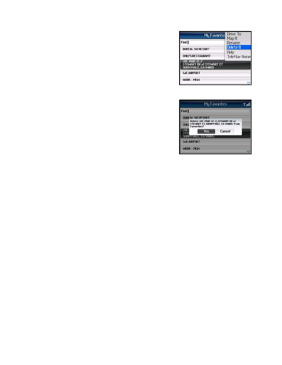 Deleting a favorite | Telenav for Sprint Supported Devices: v5.1 for BlackBerry 7130, 8130, 8350i, 8703, 8830 Users Guide User Manual | Page 19 / 55