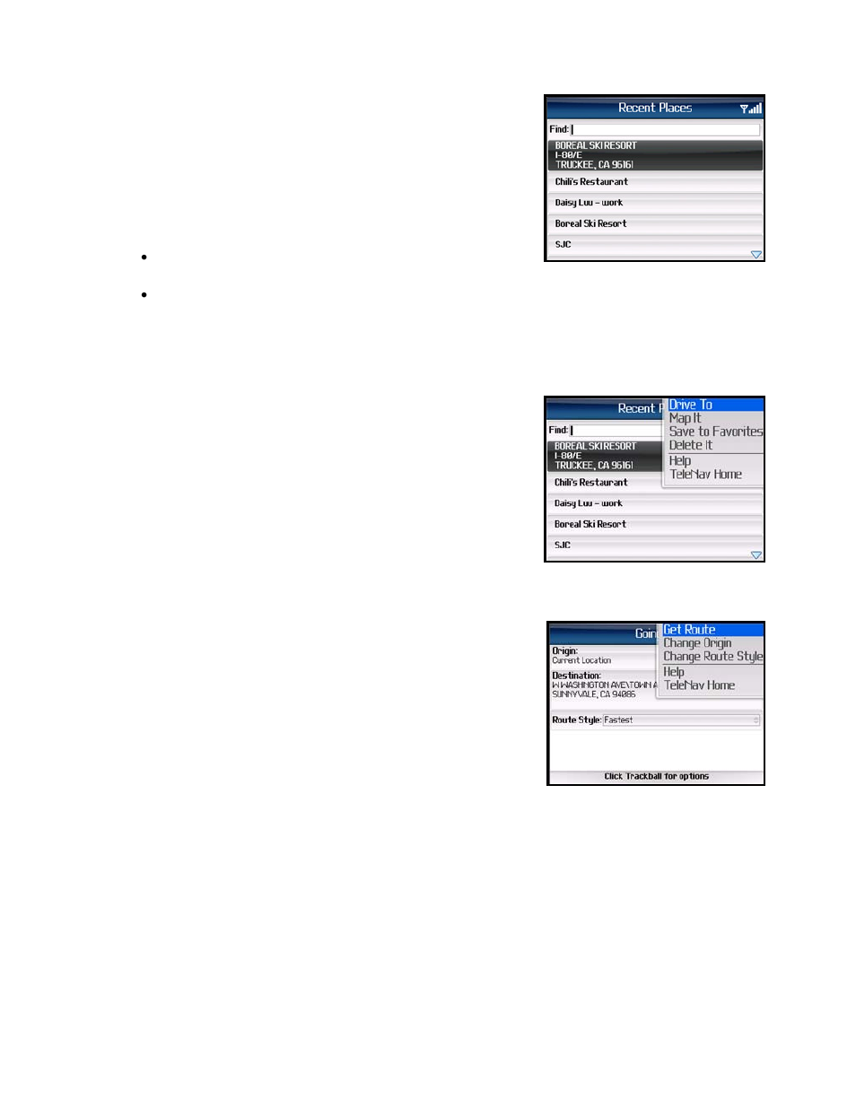 Recent places | Telenav for Sprint Supported Devices: v5.1 for BlackBerry 7130, 8130, 8350i, 8703, 8830 Users Guide User Manual | Page 20 / 55
