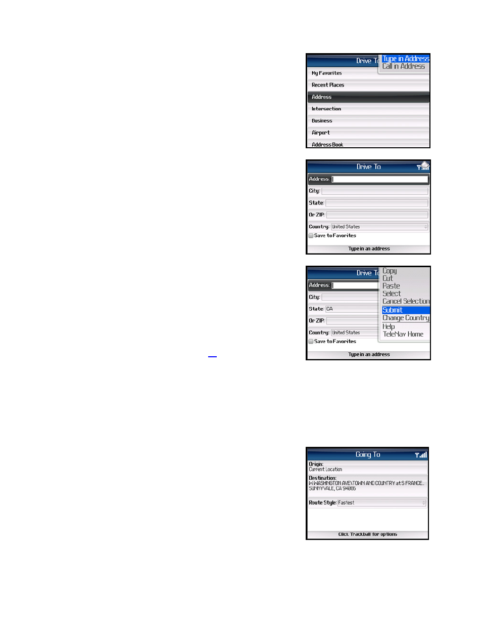 Address – typing in | Telenav for Sprint Supported Devices: v5.1 for BlackBerry 7130, 8130, 8350i, 8703, 8830 Users Guide User Manual | Page 21 / 55
