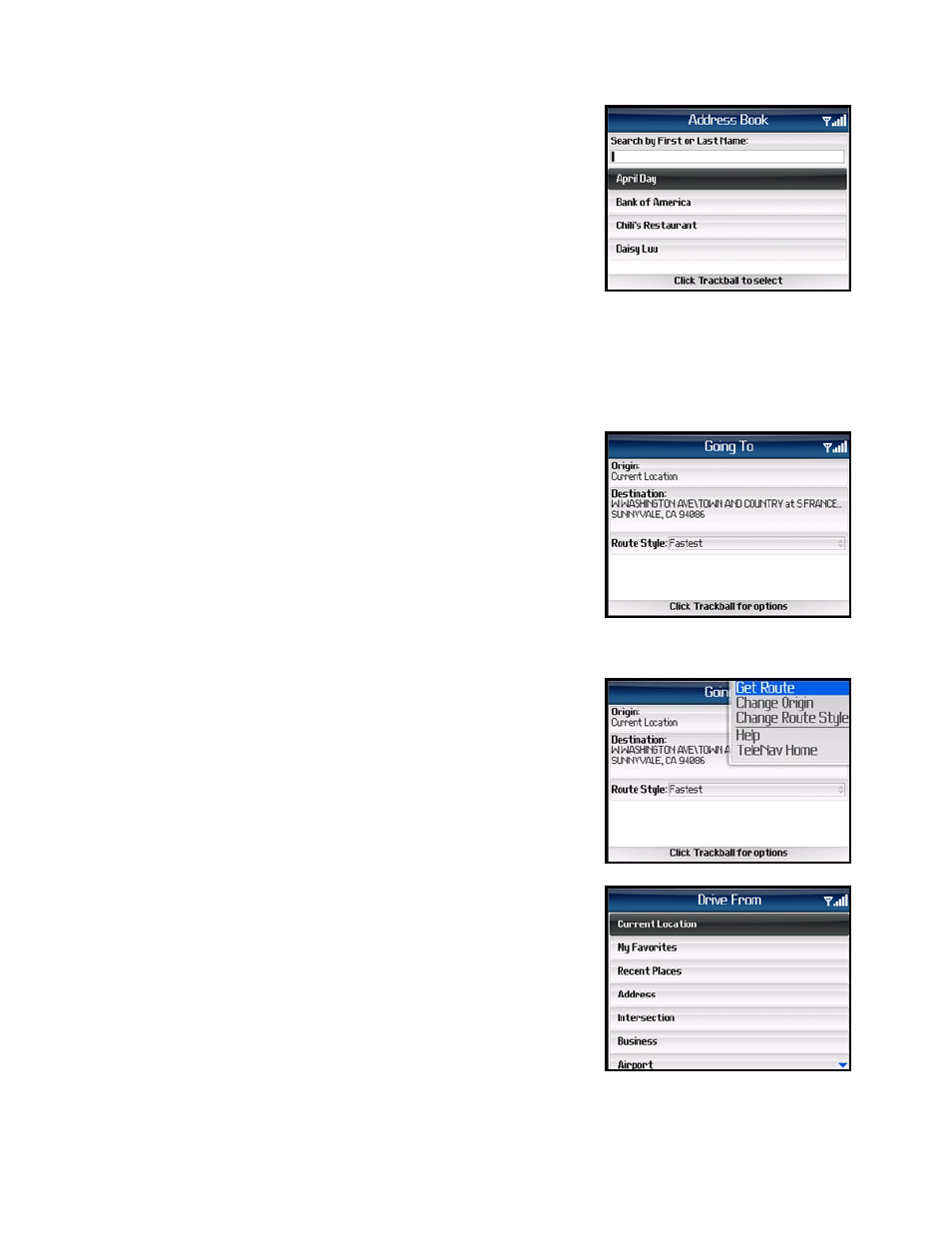 Address book, Navigation options (going to screen) | Telenav for Sprint Supported Devices: v5.1 for BlackBerry 7130, 8130, 8350i, 8703, 8830 Users Guide User Manual | Page 26 / 55