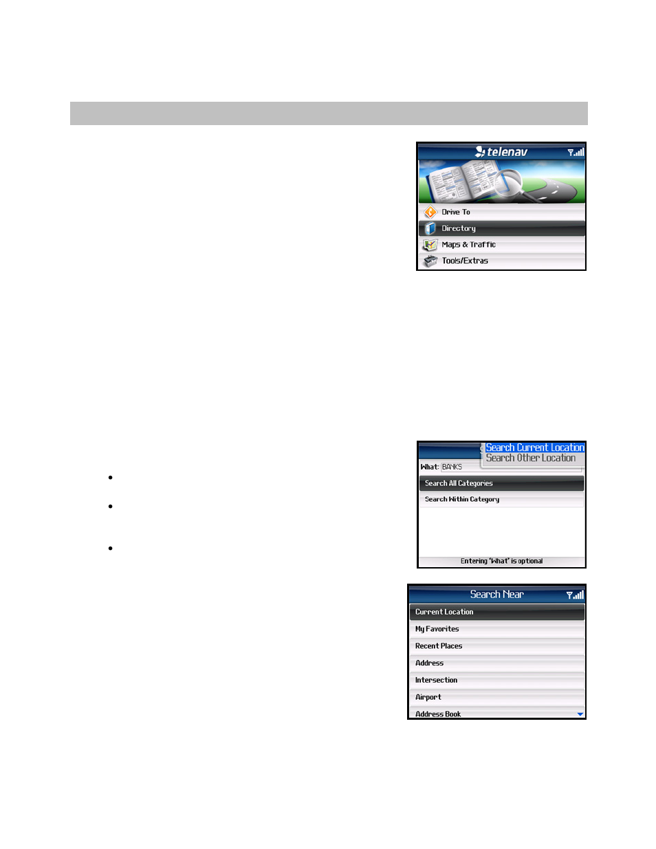 Directory menu, Search all categories | Telenav for Sprint Supported Devices: v5.1 for BlackBerry 7130, 8130, 8350i, 8703, 8830 Users Guide User Manual | Page 38 / 55