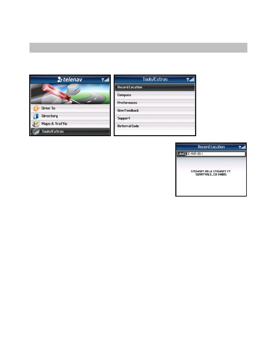 Tools/extras menu, Record location | Telenav for Sprint Supported Devices: v5.1 for BlackBerry 7130, 8130, 8350i, 8703, 8830 Users Guide User Manual | Page 44 / 55