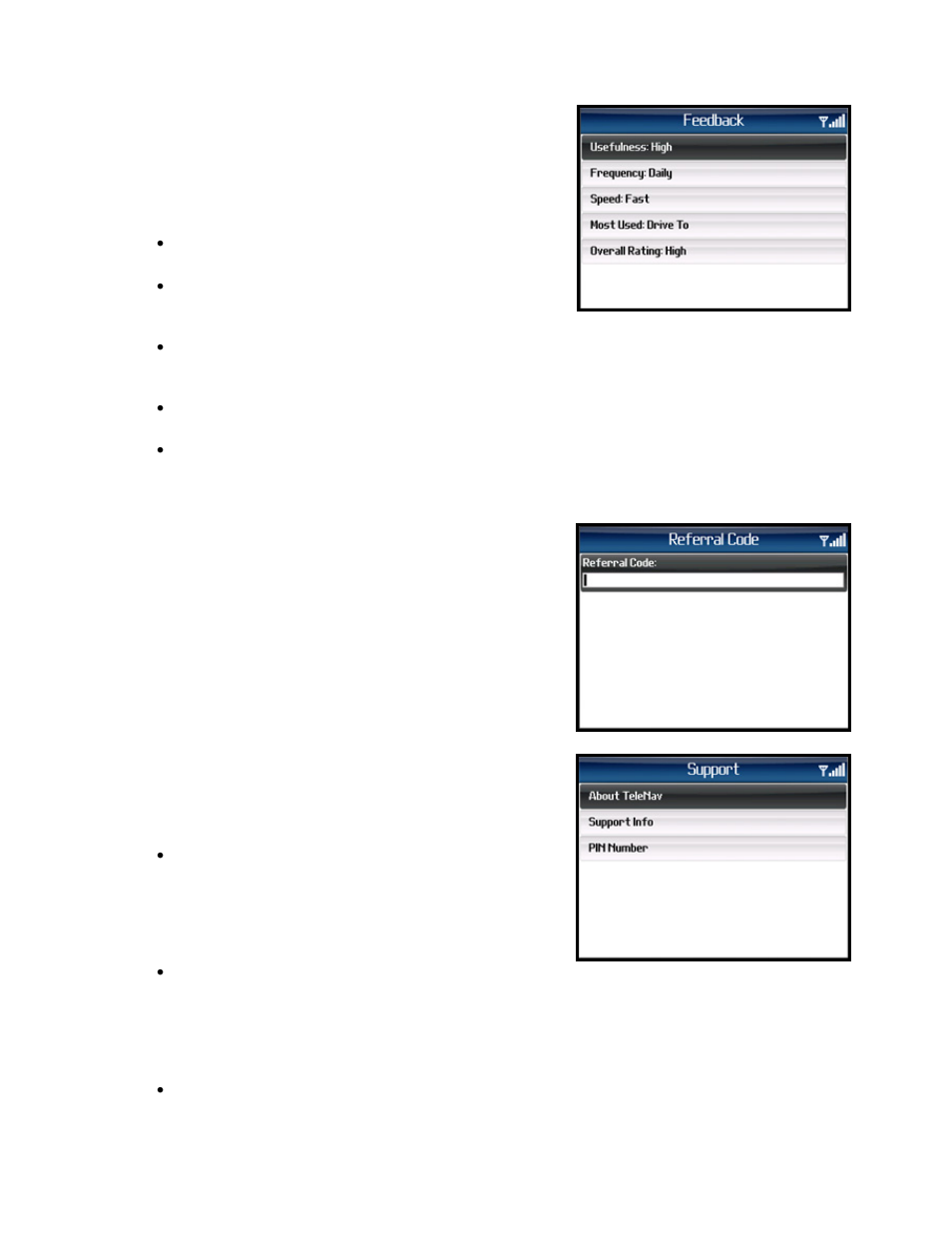 Give feedback, Referral, Support | Telenav for Sprint Supported Devices: v5.1 for BlackBerry 7130, 8130, 8350i, 8703, 8830 Users Guide User Manual | Page 47 / 55