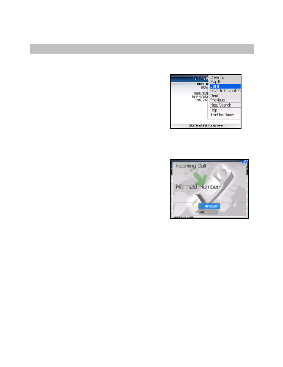 Suspending telenav gps navigator, Making a phone call from telenav gps navigator, Taking an incoming call | Telenav for Sprint Supported Devices: v5.1 for BlackBerry 7130, 8130, 8350i, 8703, 8830 Users Guide User Manual | Page 48 / 55