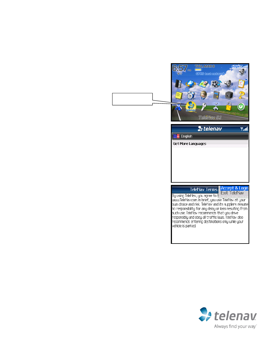 Running telenav gps navigator | Telenav for Sprint Supported Devices: v5.1 for BlackBerry 7130, 8130, 8350i, 8703, 8830 Quick Start Guide User Manual | Page 2 / 3