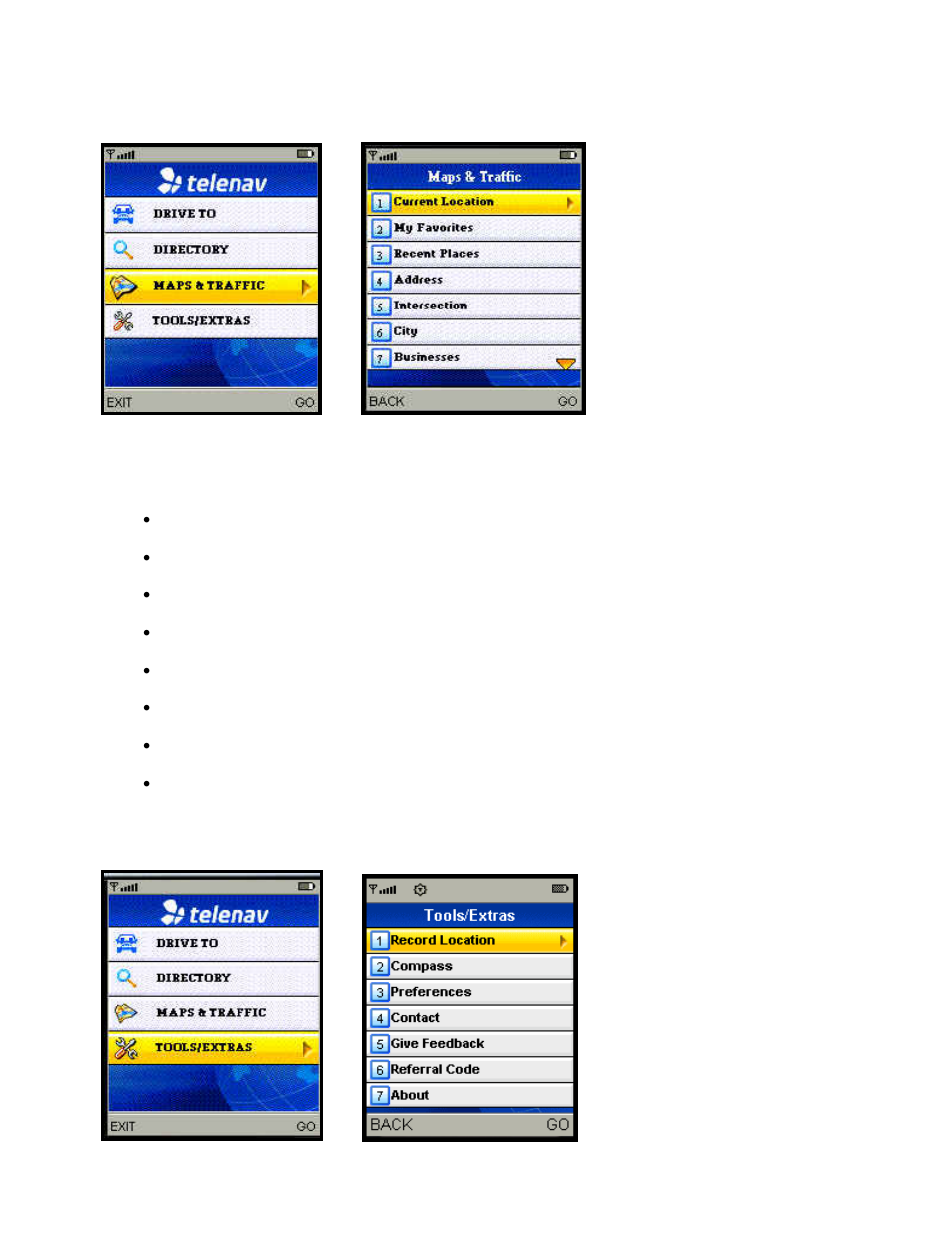 Maps & traffic menu, Tools/extras menu | Telenav for Sprint Supported Devices: v5.1 for Sanyo Katana; Motorola RAZR, KRZR User Manual | Page 14 / 54