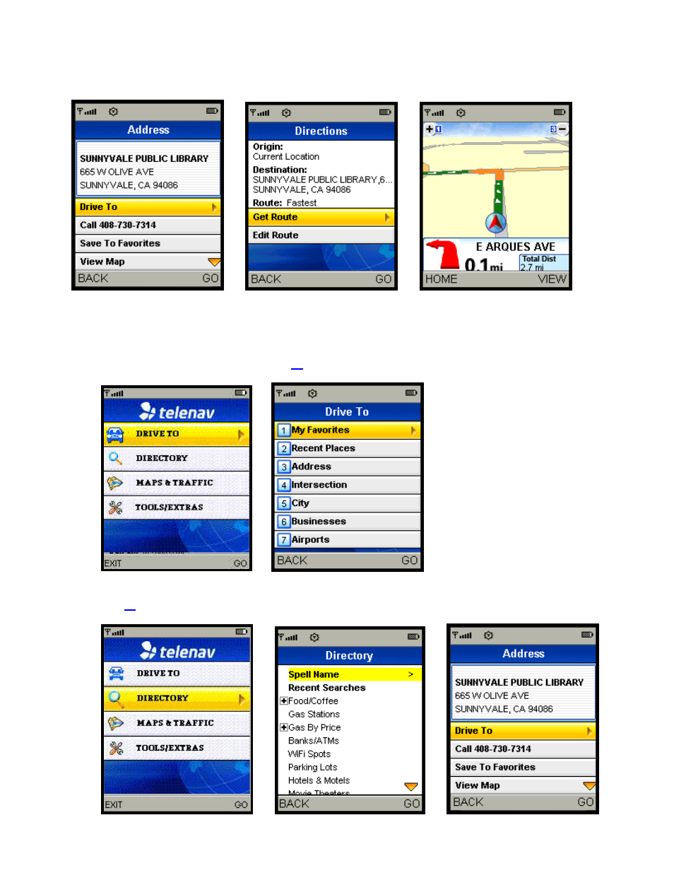 Get driving directions (drive to), Ous a | Telenav for Sprint Supported Devices: v5.1 for Sanyo Katana; Motorola RAZR, KRZR User Manual | Page 21 / 54