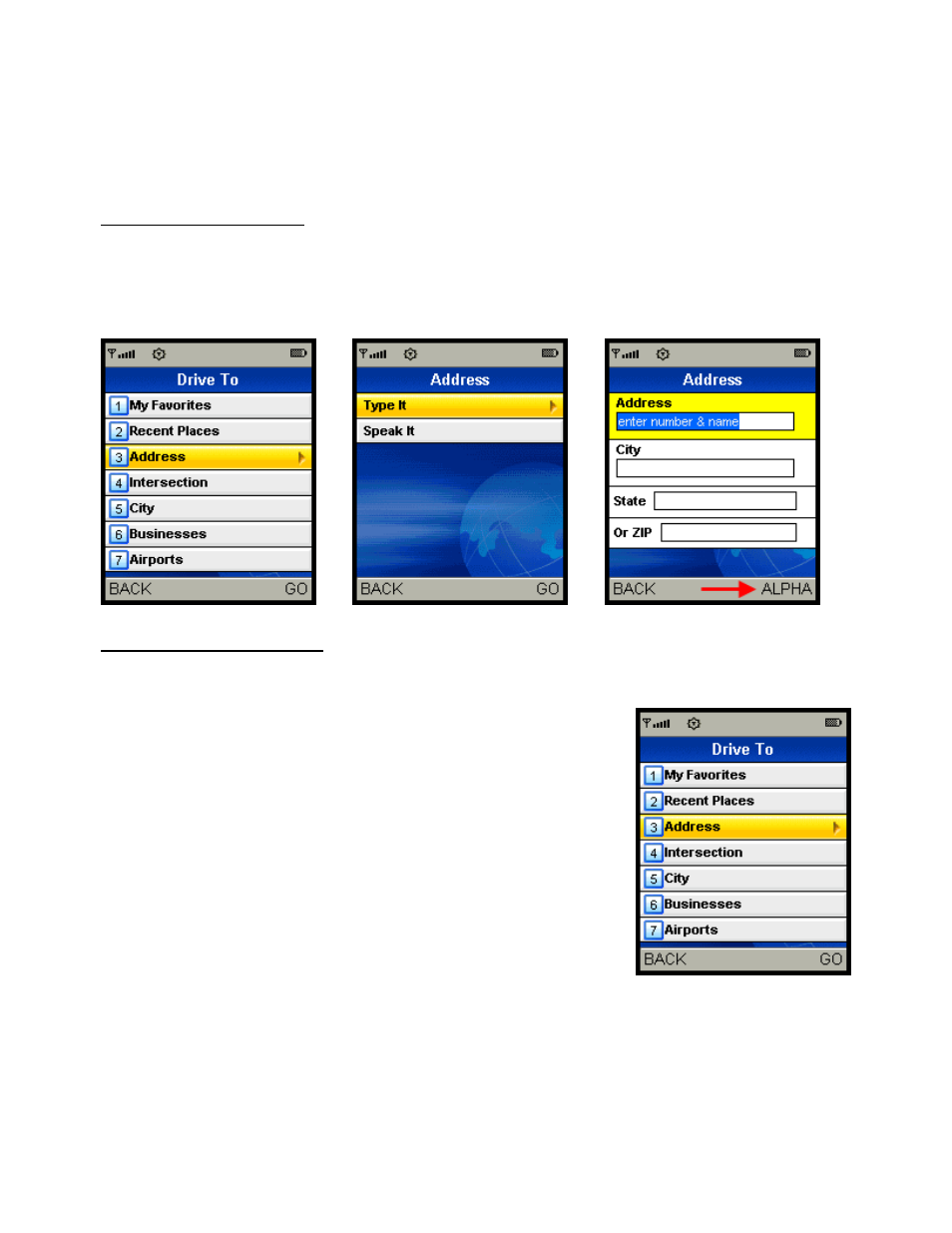 Enter a drive to address, Enter an address by typing, Enter an address by speaking | Telenav for Sprint Supported Devices: v5.1 for Sanyo Katana; Motorola RAZR, KRZR User Manual | Page 37 / 54