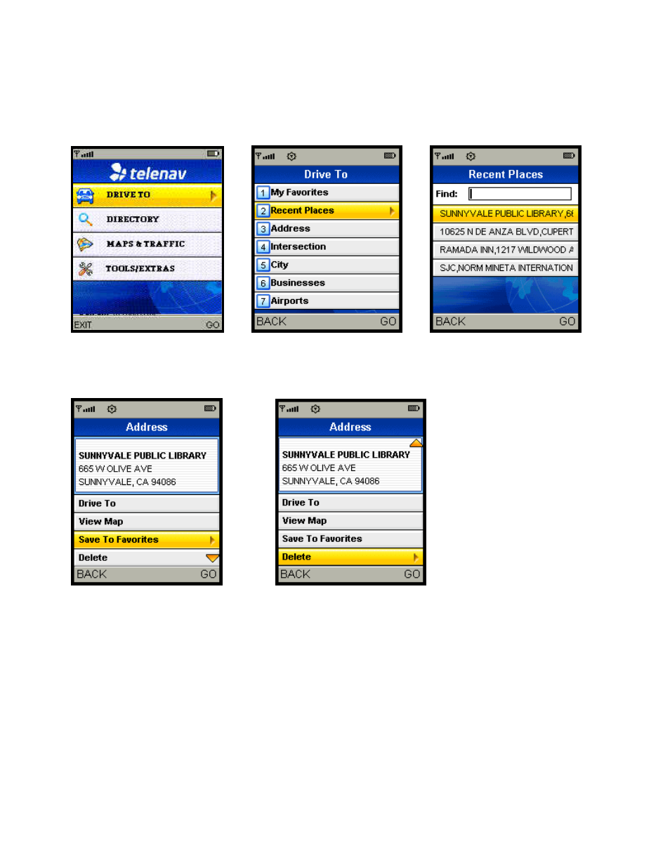 Select a recent place | Telenav for Sprint Supported Devices: v5.1 for Sanyo Katana; Motorola RAZR, KRZR User Manual | Page 41 / 54