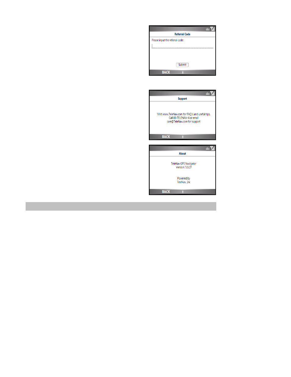 Referral code, Support, About | Phone calls making a phone call | Telenav for Sprint Supported Devices: v5.0 for Motorola Q User Manual | Page 36 / 42