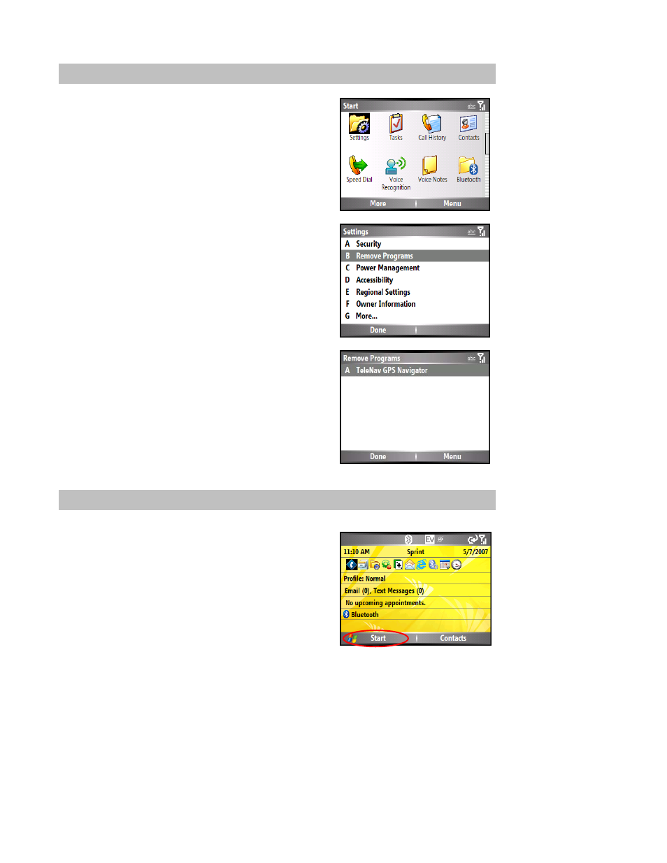 Removing telenav, Launching the telenav gps navigator application | Telenav for Sprint Supported Devices: v5.0 for Motorola Q User Manual | Page 8 / 42