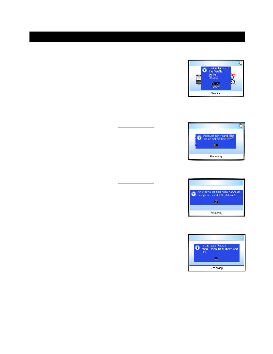 Error conditions, Unable to reach telenav server, Account not found | Account cancelled, Invalid login, Please input password, Please input phone number | Telenav for Sprint Supported Devices: v4.7 for BlackBerry 7130e, 8730e User Manual | Page 33 / 38