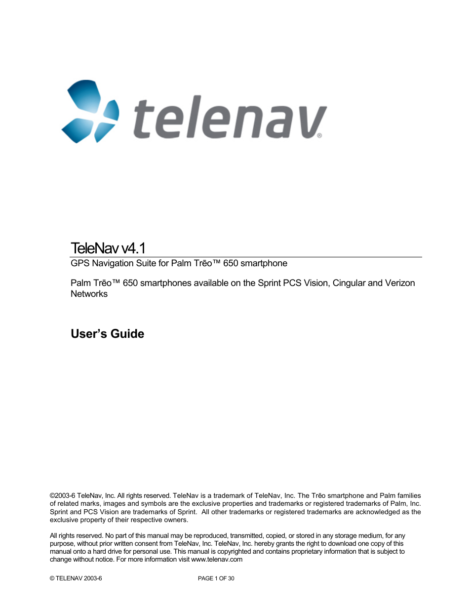 Telenav for AT&T Supported Devices: v4.1 for Palm Treo 650 Users Guide User Manual | 30 pages