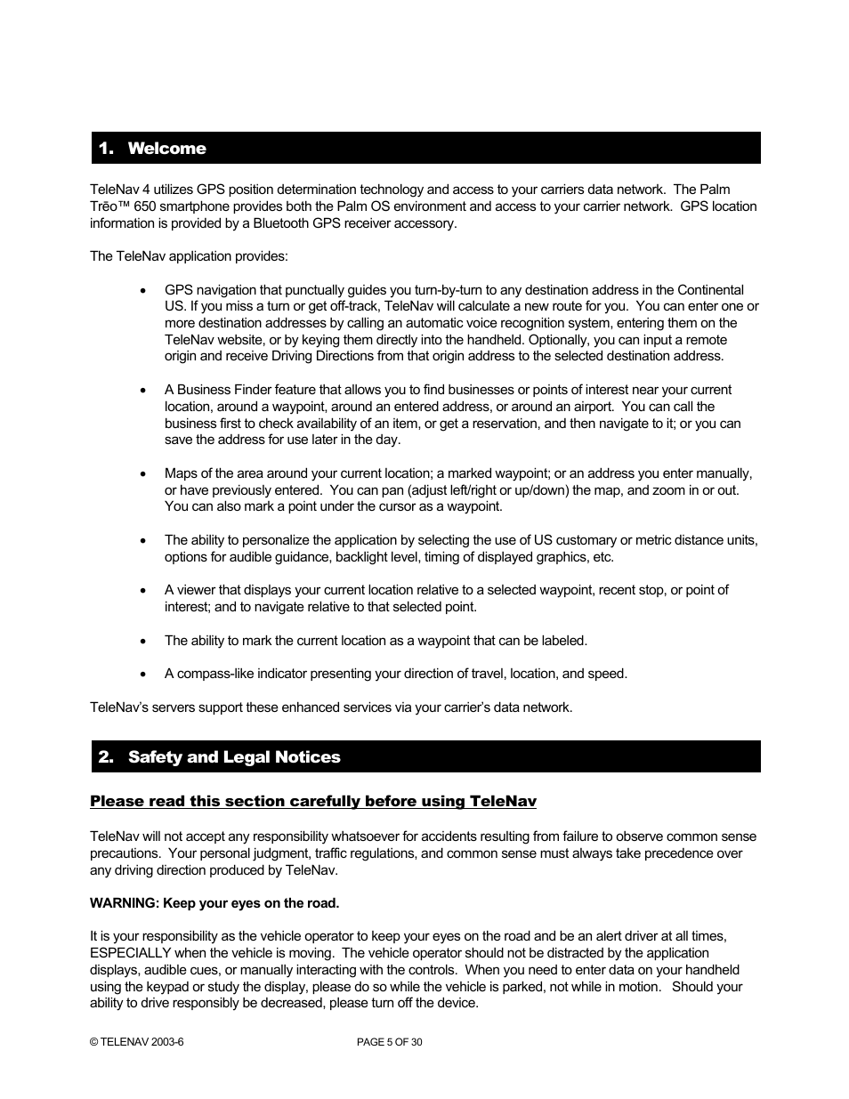 Telenav for AT&T Supported Devices: v4.1 for Palm Treo 650 Users Guide User Manual | Page 5 / 30