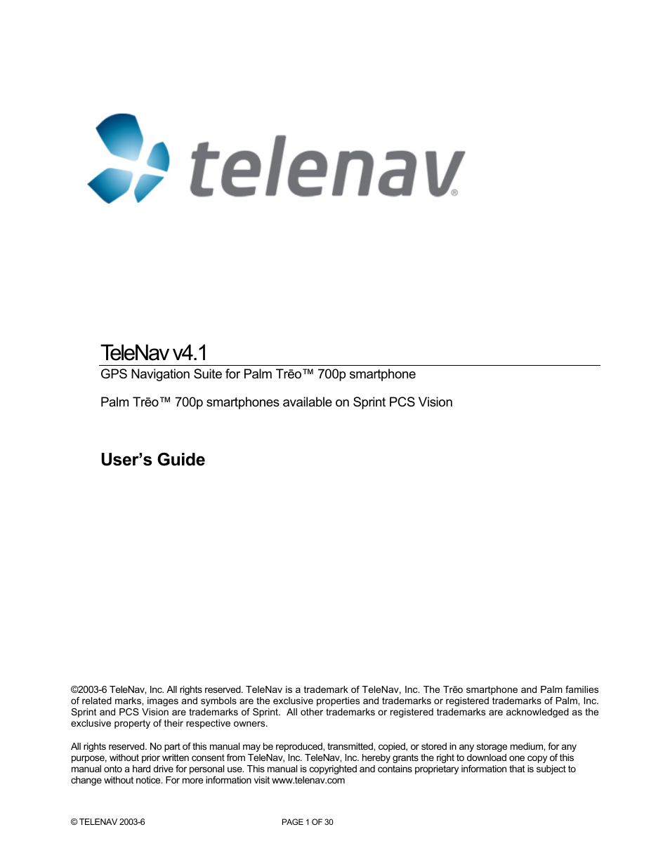 Telenav for Sprint Supported Devices: v4.1 for Palm Treo 700p User Manual | 30 pages